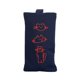 Navy Blue Cats Graphic Embroidery Airy Hand Strap Pouches Slim Pencil Cases Ultra Light Stationery School Office Cosmetics Bags 