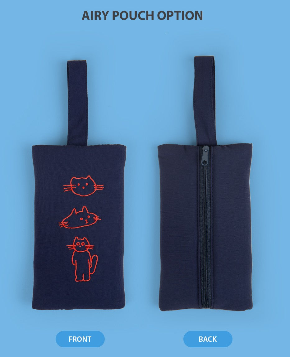 Navy Blue Cats Graphic Embroidery Airy Hand Strap Pouches Slim Pencil Cases Ultra Light Stationery School Office Cosmetics Bags 