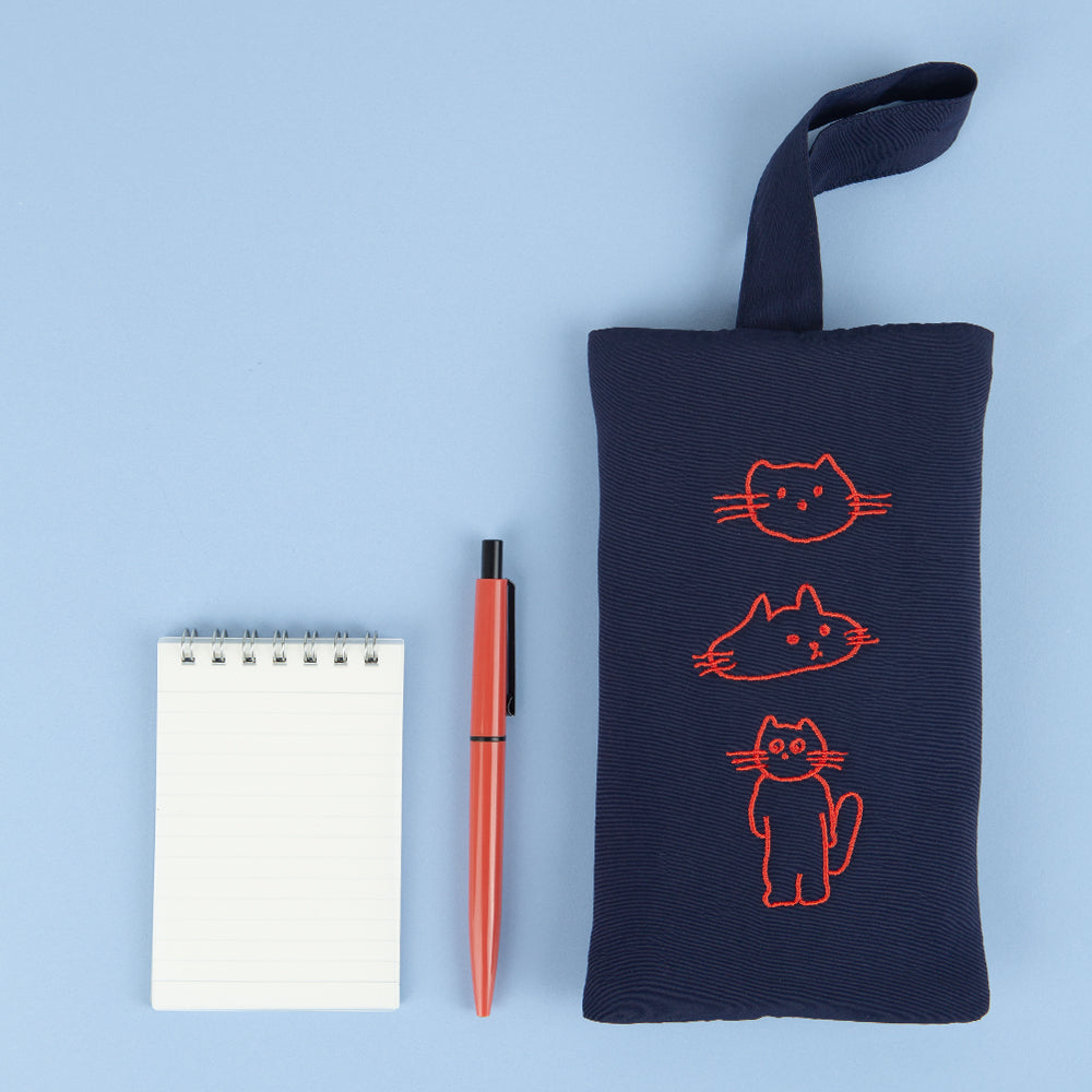 Navy Blue Cats Graphic Embroidery Airy Hand Strap Pouches Slim Pencil Cases Ultra Light Stationery School Office Cosmetics Bags 