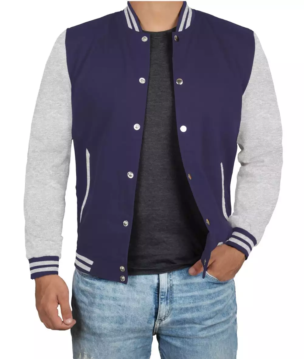 Navy Blue Varsity Jacket with Grey Sleeves - Baseball Style Jacket