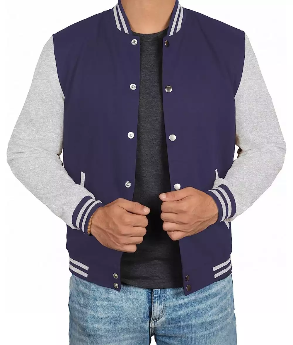 Navy Blue Varsity Jacket with Grey Sleeves - Baseball Style Jacket