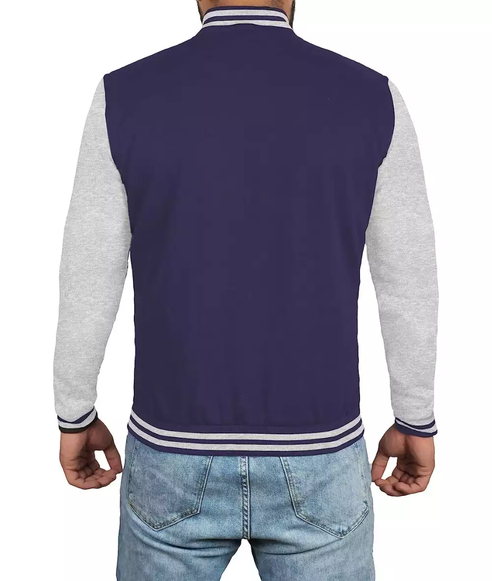 Navy Blue Varsity Jacket with Grey Sleeves - Baseball Style Jacket