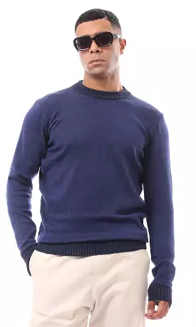 O170218 Long Sleeves Solid Navy Blue Basic Pullover