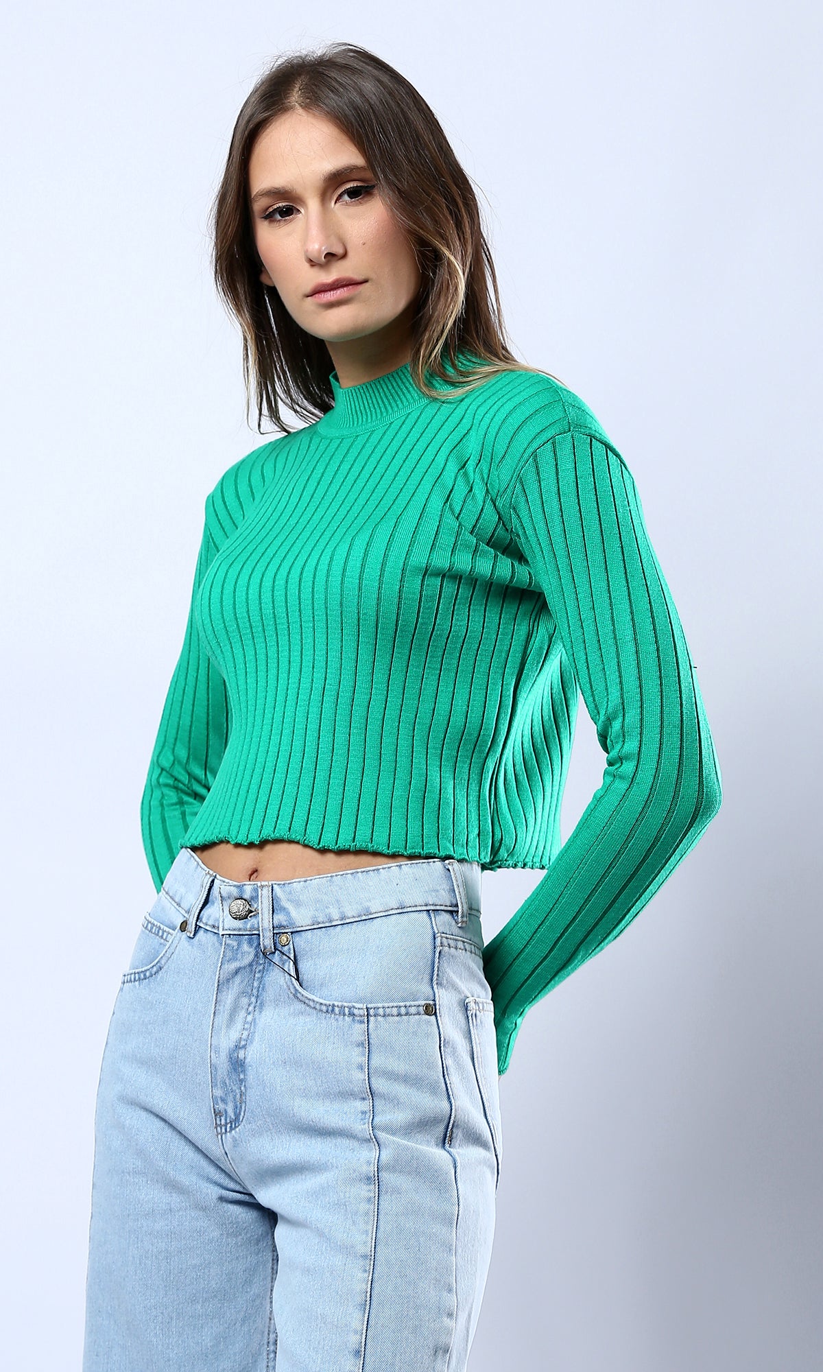 O172563 Green Ribbed Long Sleeves Short Pullover