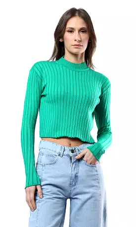 O172563 Green Ribbed Long Sleeves Short Pullover