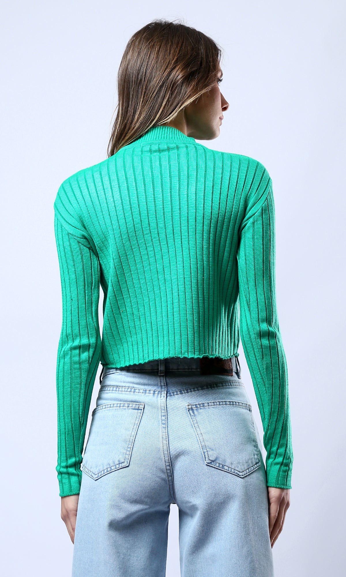 O172563 Green Ribbed Long Sleeves Short Pullover