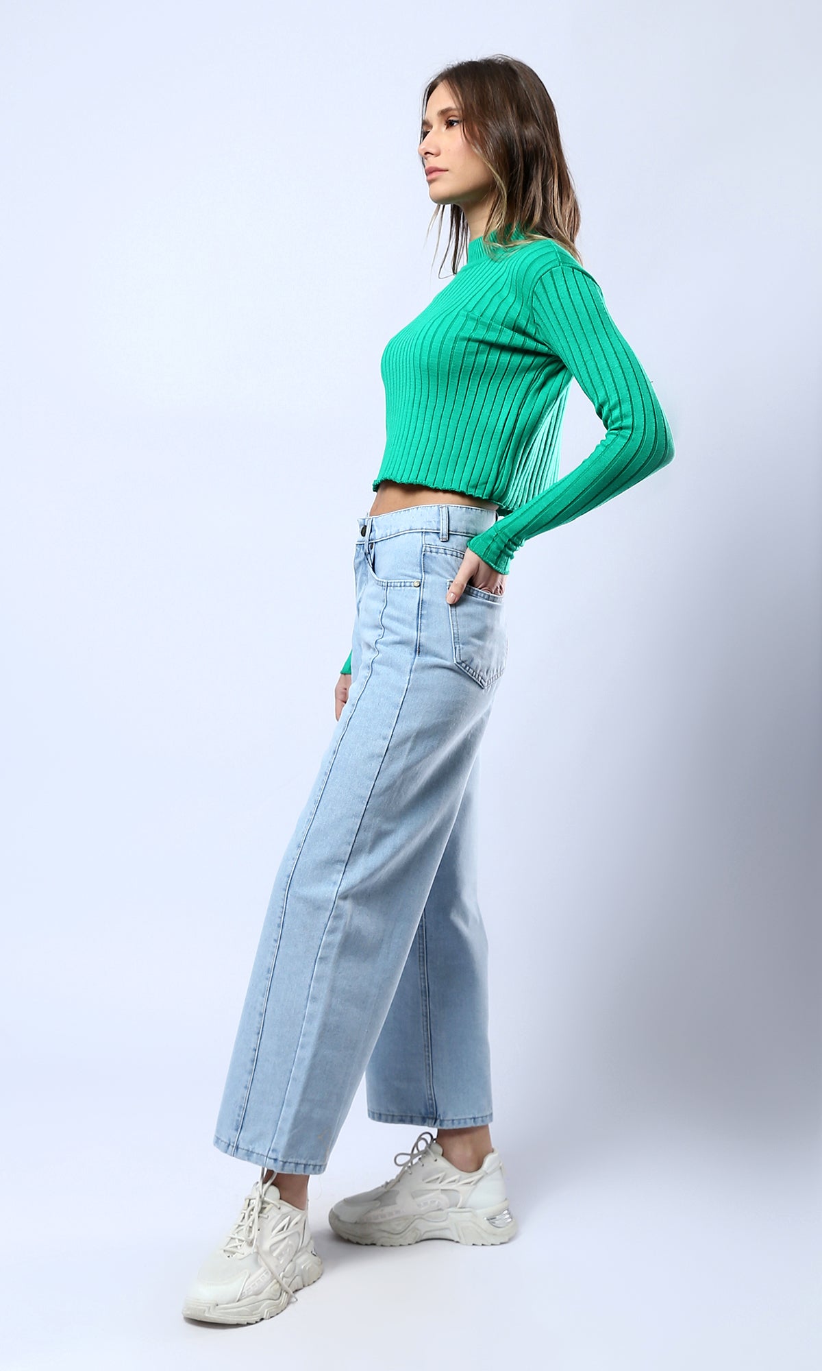 O172563 Green Ribbed Long Sleeves Short Pullover