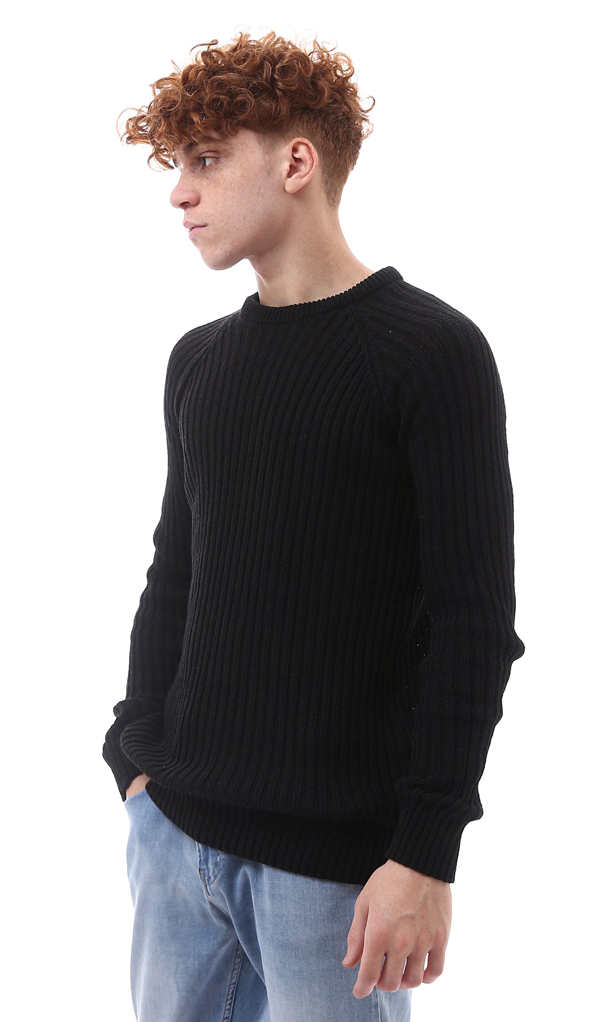 O174076 Ribbed Knit Crew Neck Black Long Pullover