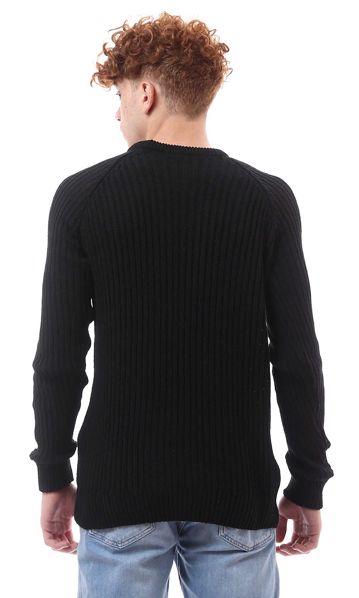 O174076 Ribbed Knit Crew Neck Black Long Pullover