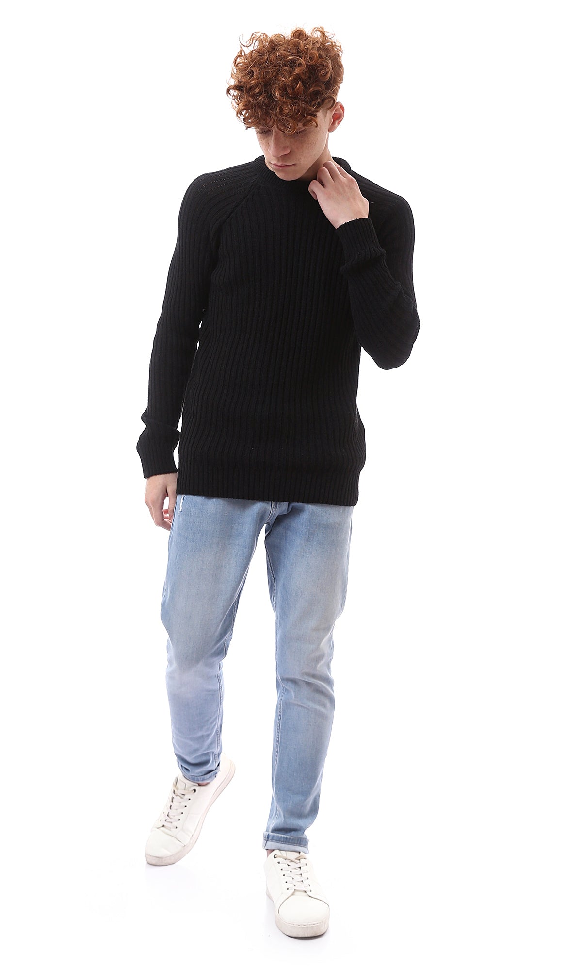 O174076 Ribbed Knit Crew Neck Black Long Pullover