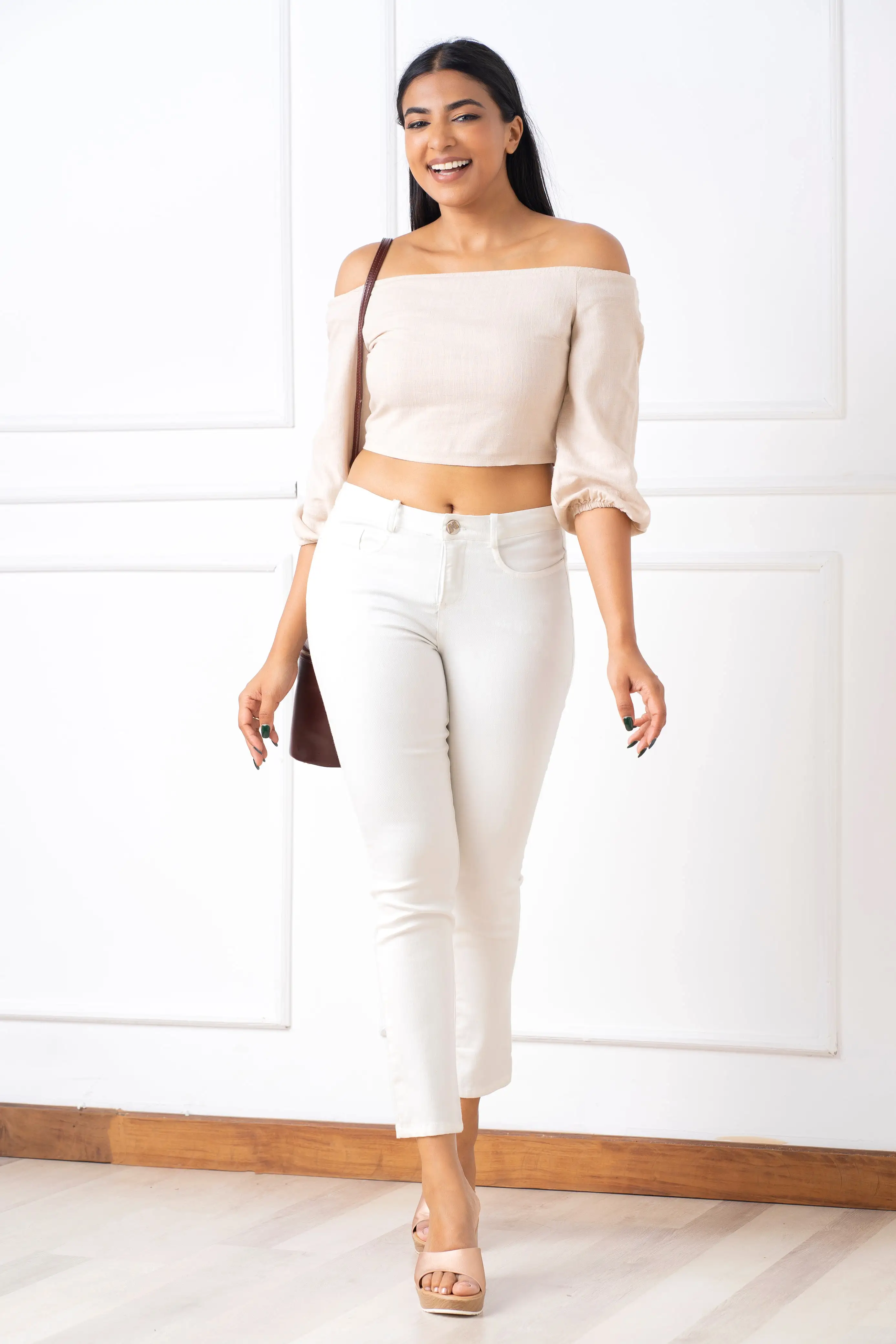 Off Shoulder Linen Crop Top - Slim Fit