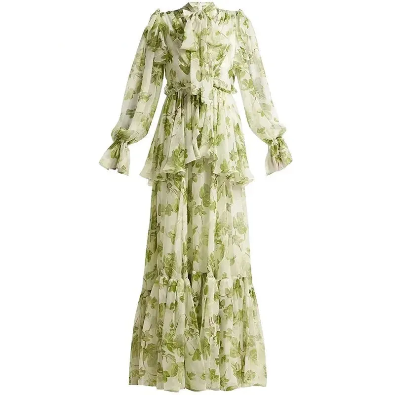 Olive Vintage Lantern Sleeve Frenulum Ruffles Floral Print High Waist Slim Long Dress