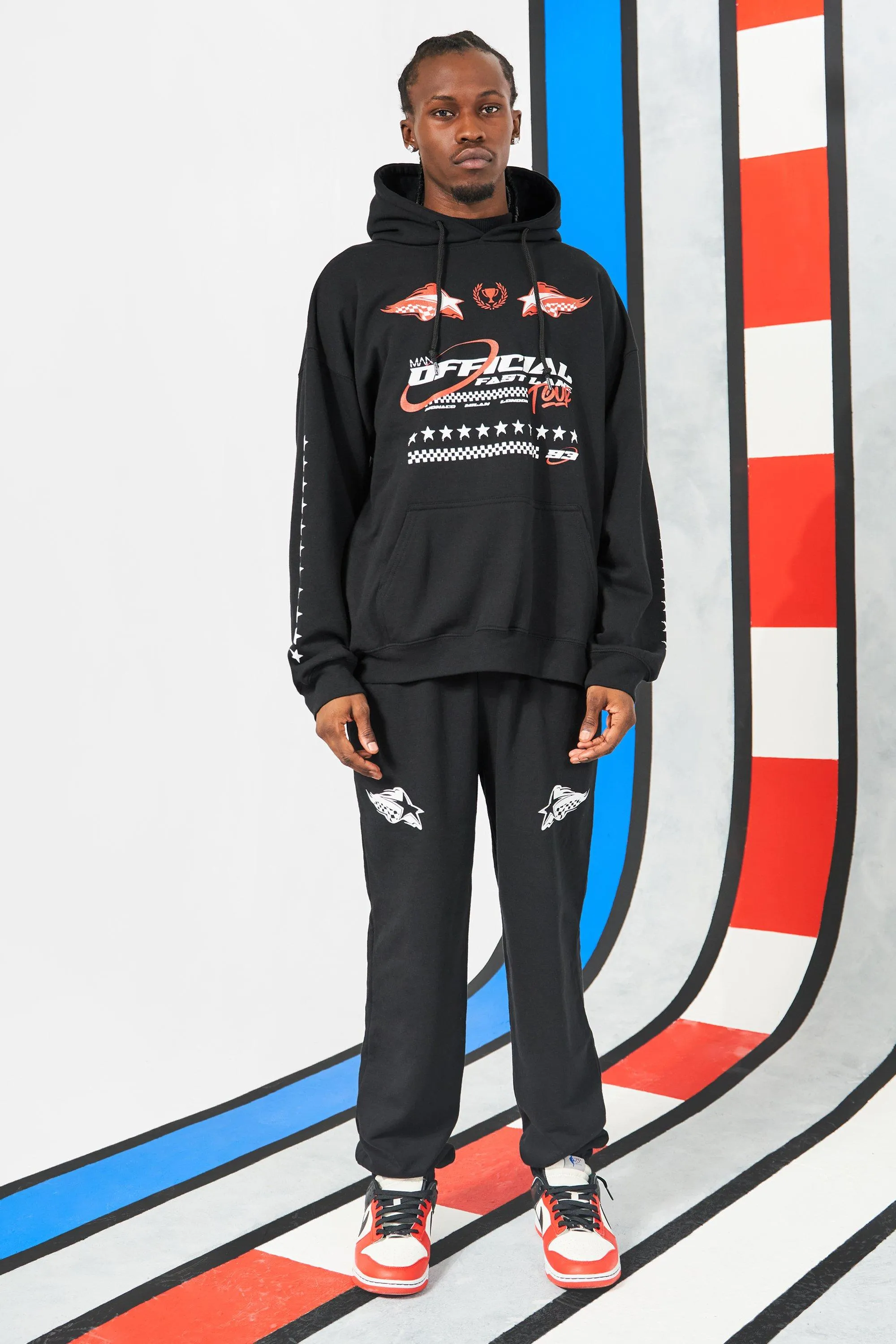 Oversized Fast Lane Moto Multi Print Hoodie Tracksuit