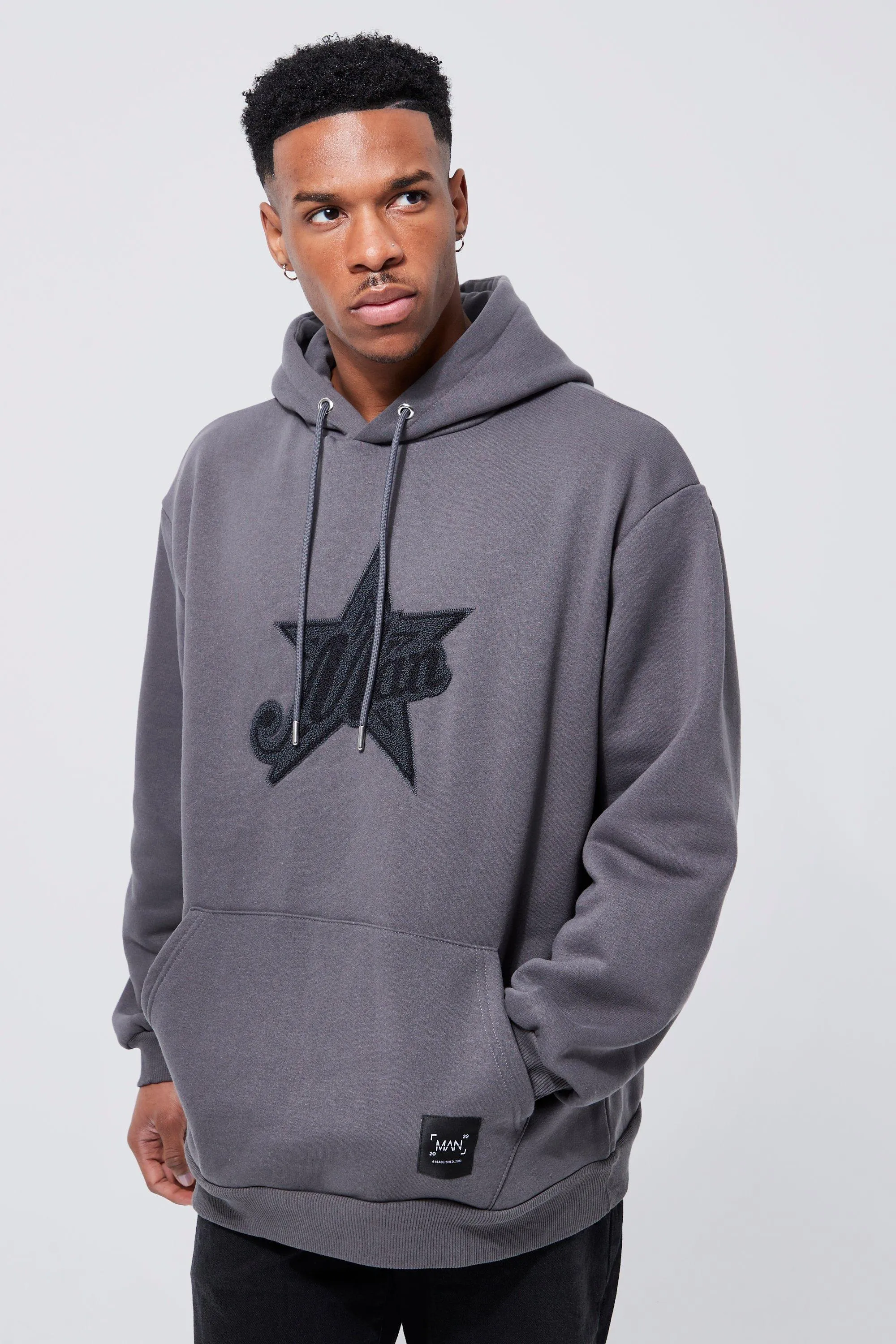 Oversized Man Star Applique Hoodie | boohooMAN UK