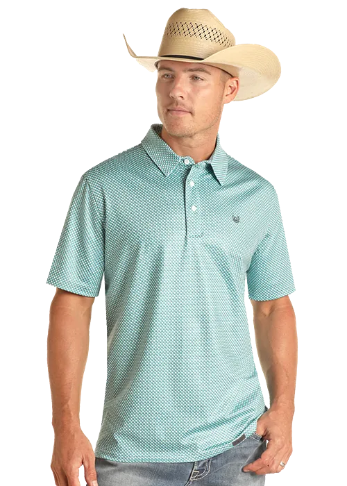 'Panhandle' Men's Geo Print Performance Knit Polo - Turquoise