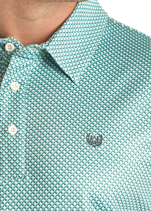 'Panhandle' Men's Geo Print Performance Knit Polo - Turquoise