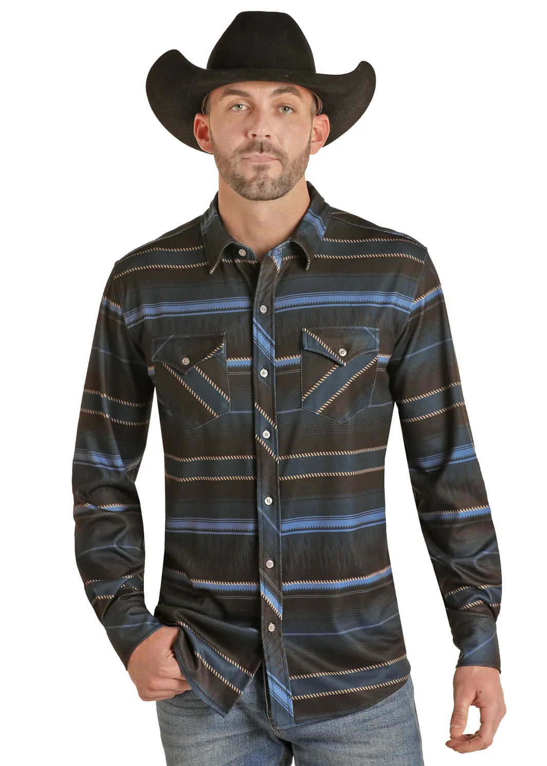 Panhandle Slim Mens Indigo Knit Print Long Sleeve Shirt