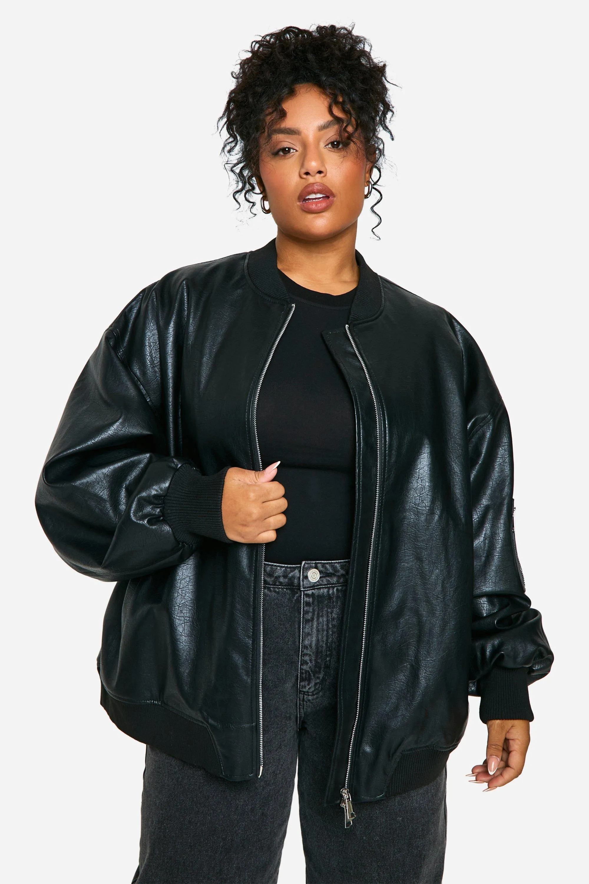 Plus Cracked Faux Leather Oversized Bomber Jacket