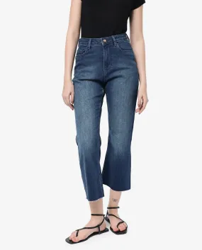 Rareism Women Winona Blue Cotton Fabric Plain Crop Flare Jeans