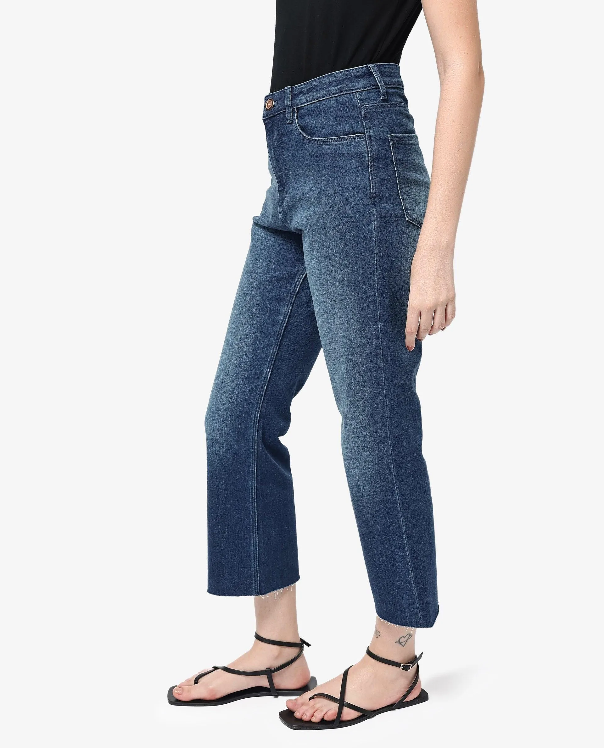 Rareism Women Winona Blue Cotton Fabric Plain Crop Flare Jeans