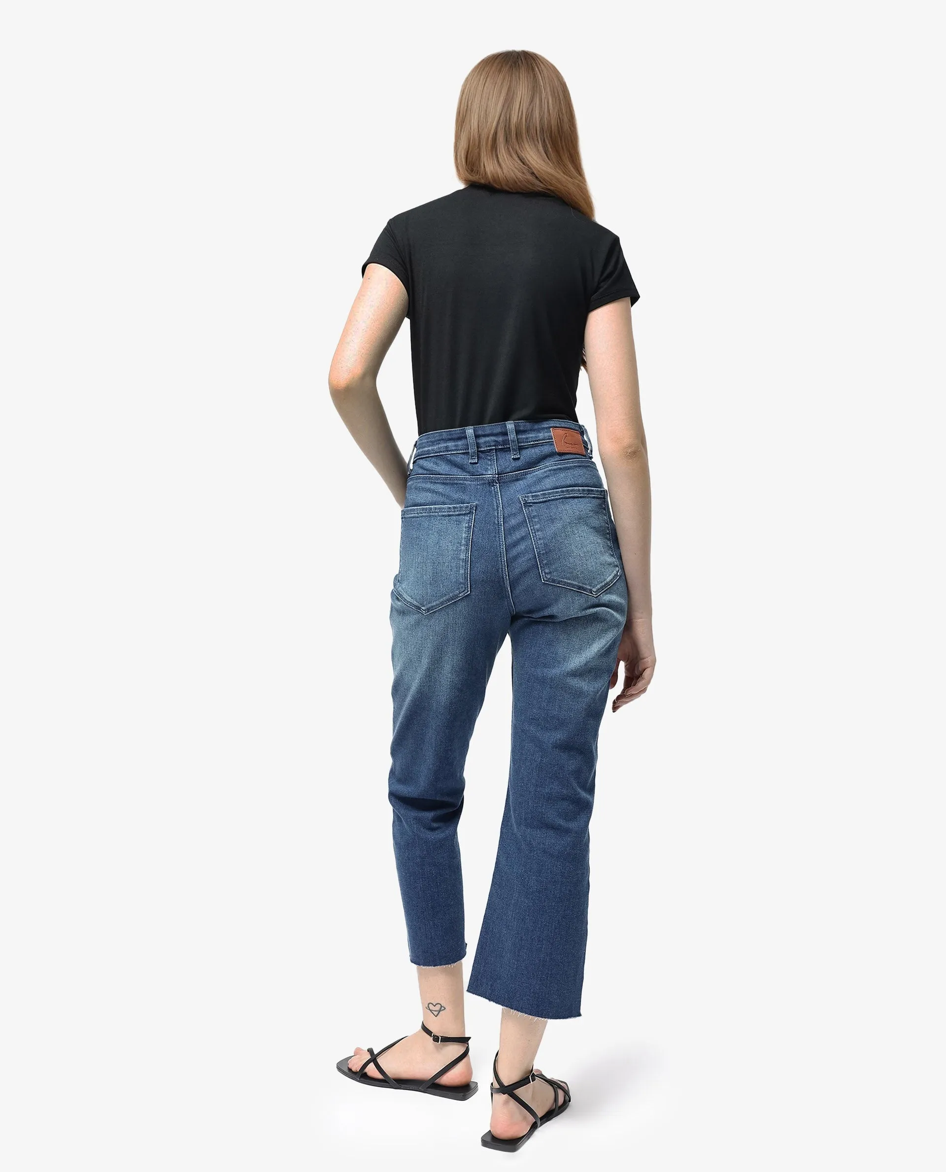 Rareism Women Winona Blue Cotton Fabric Plain Crop Flare Jeans