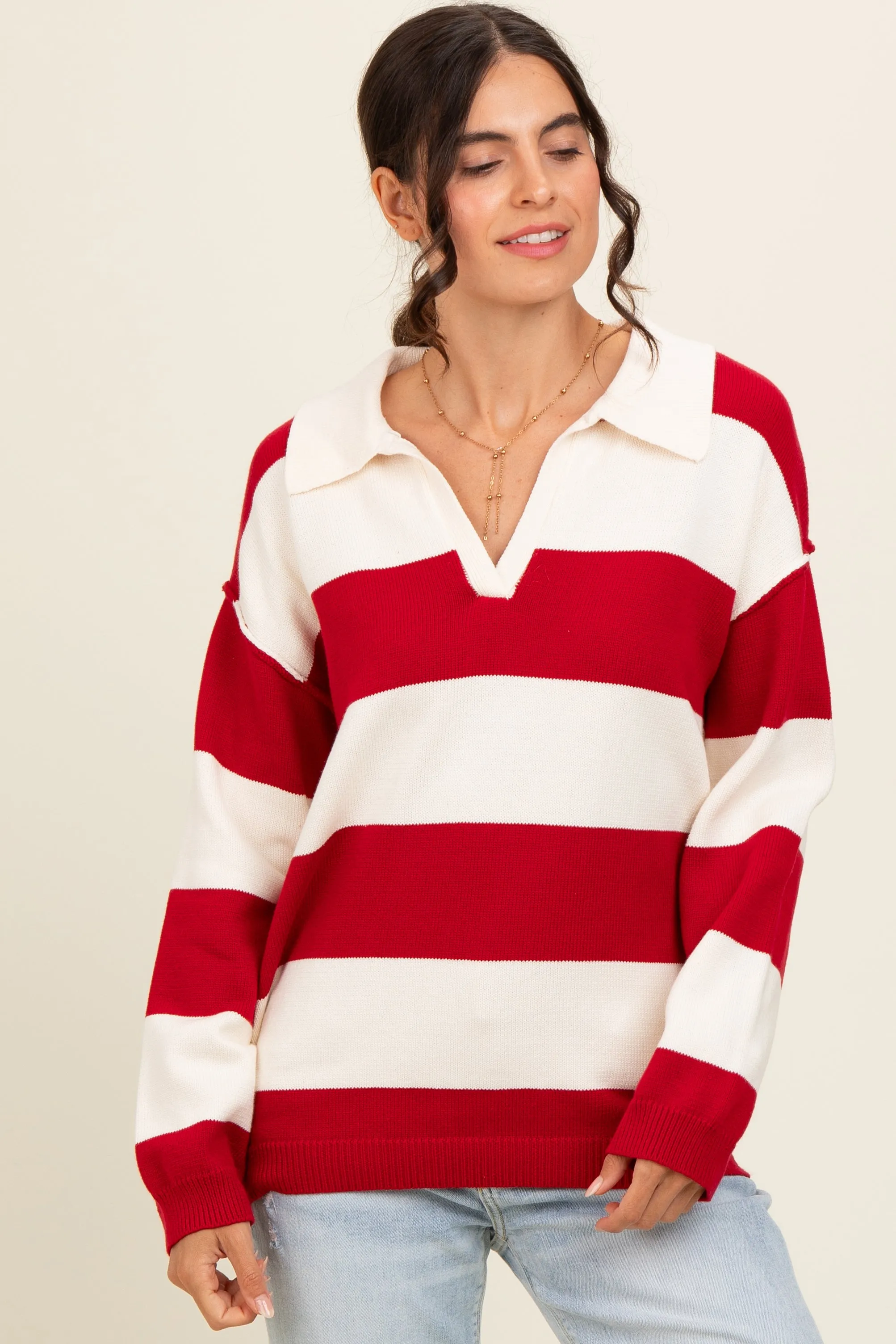 Red Wide Stripe Polo Maternity Sweater