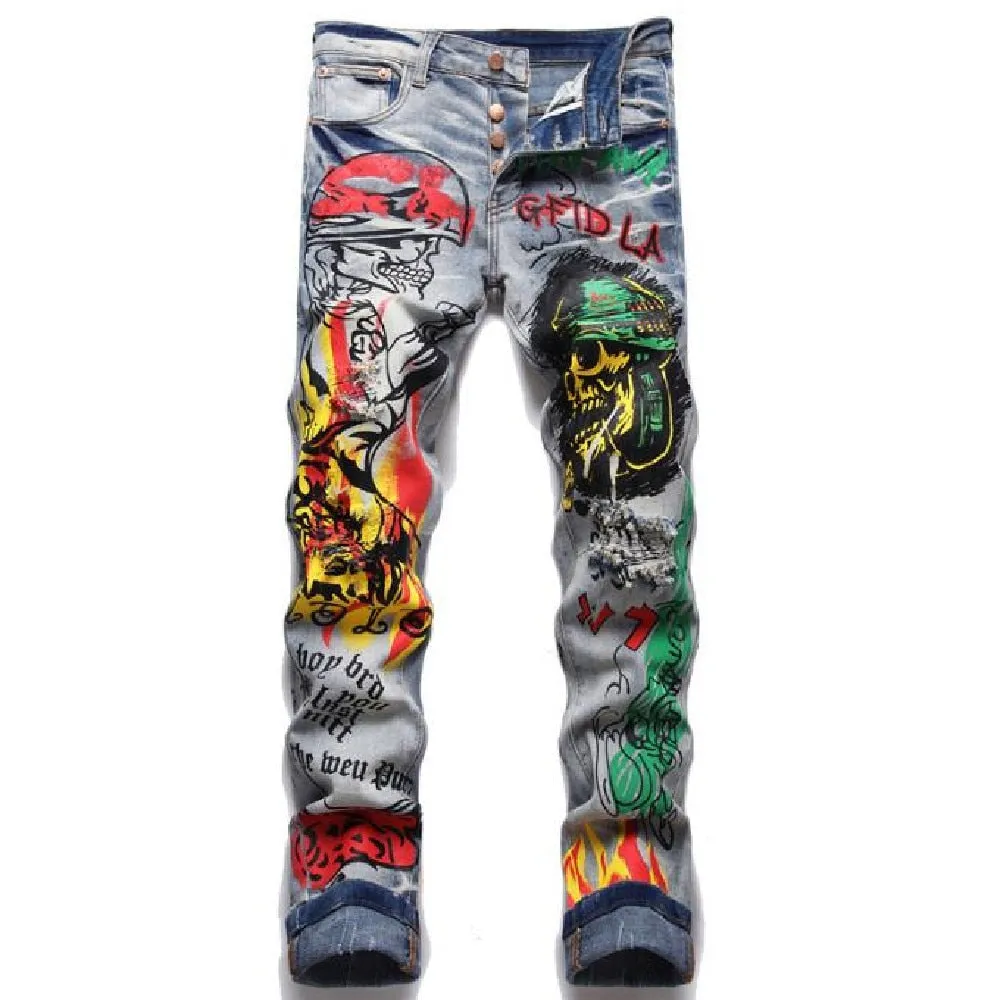 Retro Blue Printed Hole Decor Slim Stretch Skinny Jeans Pants for Men