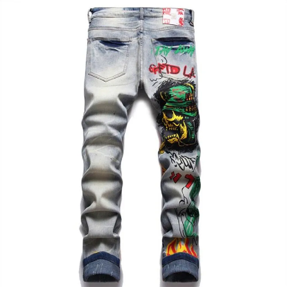 Retro Blue Printed Hole Decor Slim Stretch Skinny Jeans Pants for Men