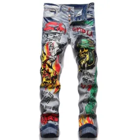 Retro Blue Printed Hole Decor Slim Stretch Skinny Jeans Pants for Men