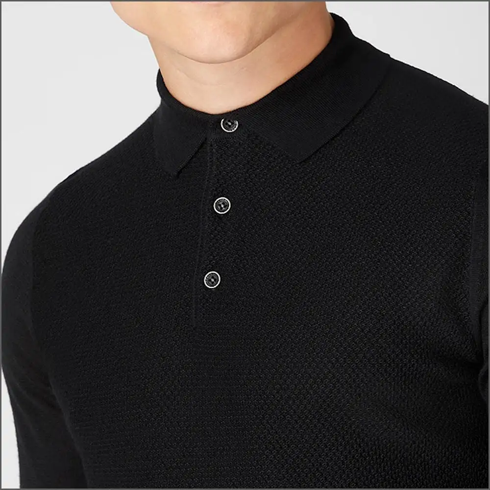 Reums Uomo Black Slim Fit Merino Wool-Blend Long Sleeve knitted Polo>>