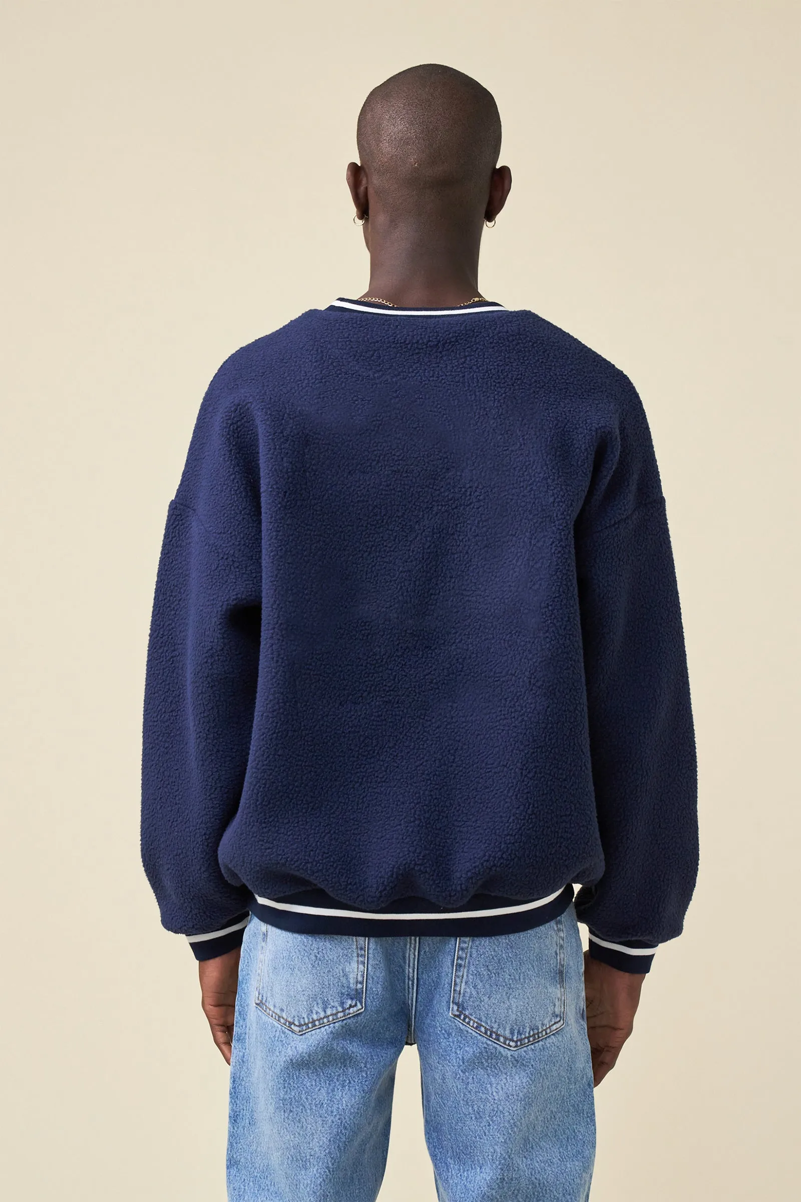 REVERSE FLEECE GRID SWEATER  - NAVY