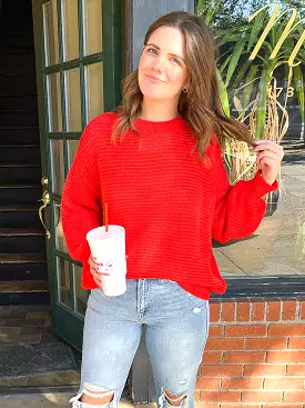 Ribbed Knit Long Sleeve Sweater - Red