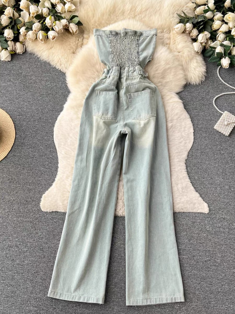 Ruhun Denim Tube Distressed Jumpsuit