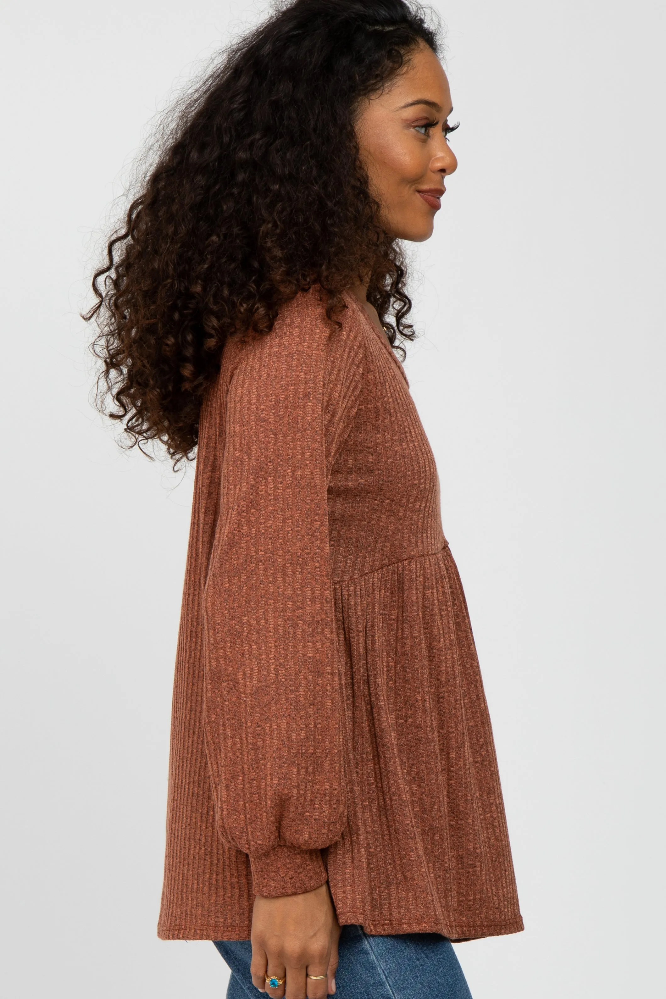 Rust Textured Knit Babydoll Long Sleeve Top