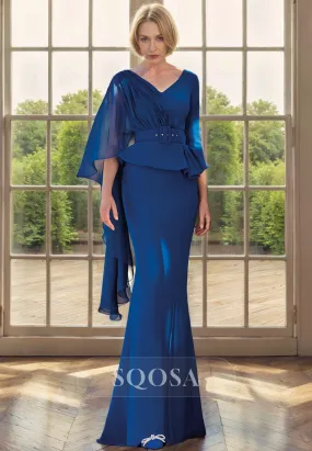 Sexy V Neck 3/4 Sleeves Mermaid Mother of the Bride Dress Blue Coktail Dress