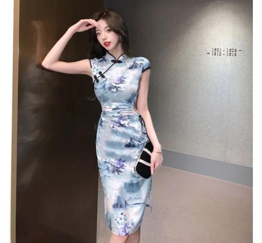 Short-Sleeve Floral Print Frog Buttoned Drawstring Midi Bodycon Dress kk36