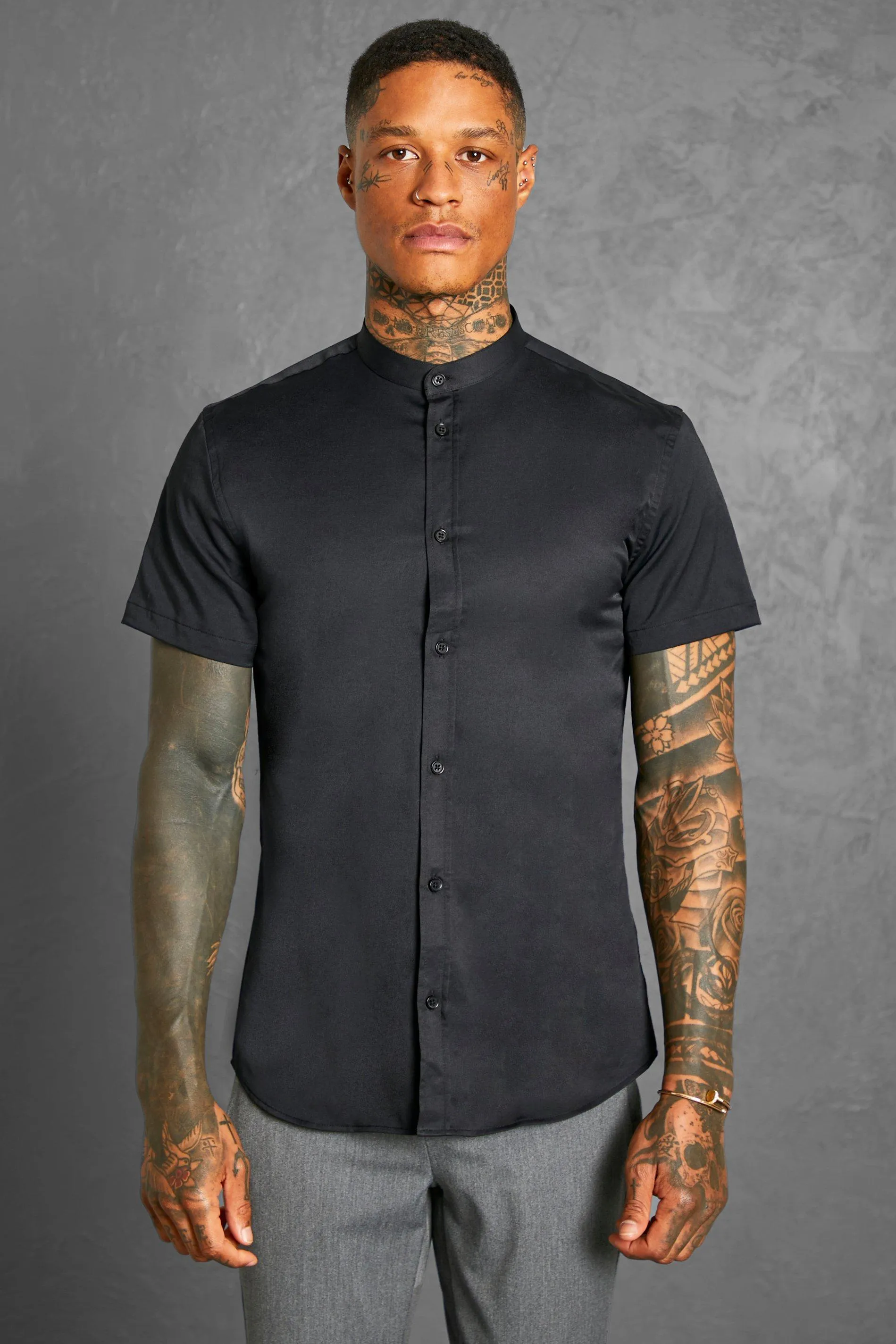 Short Sleeve Grandad Slim Fit Shirt | boohooMAN UK