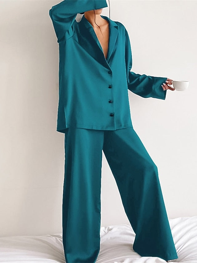 Sleek Blue and Light Green Women's Satin Silk Pajama Set