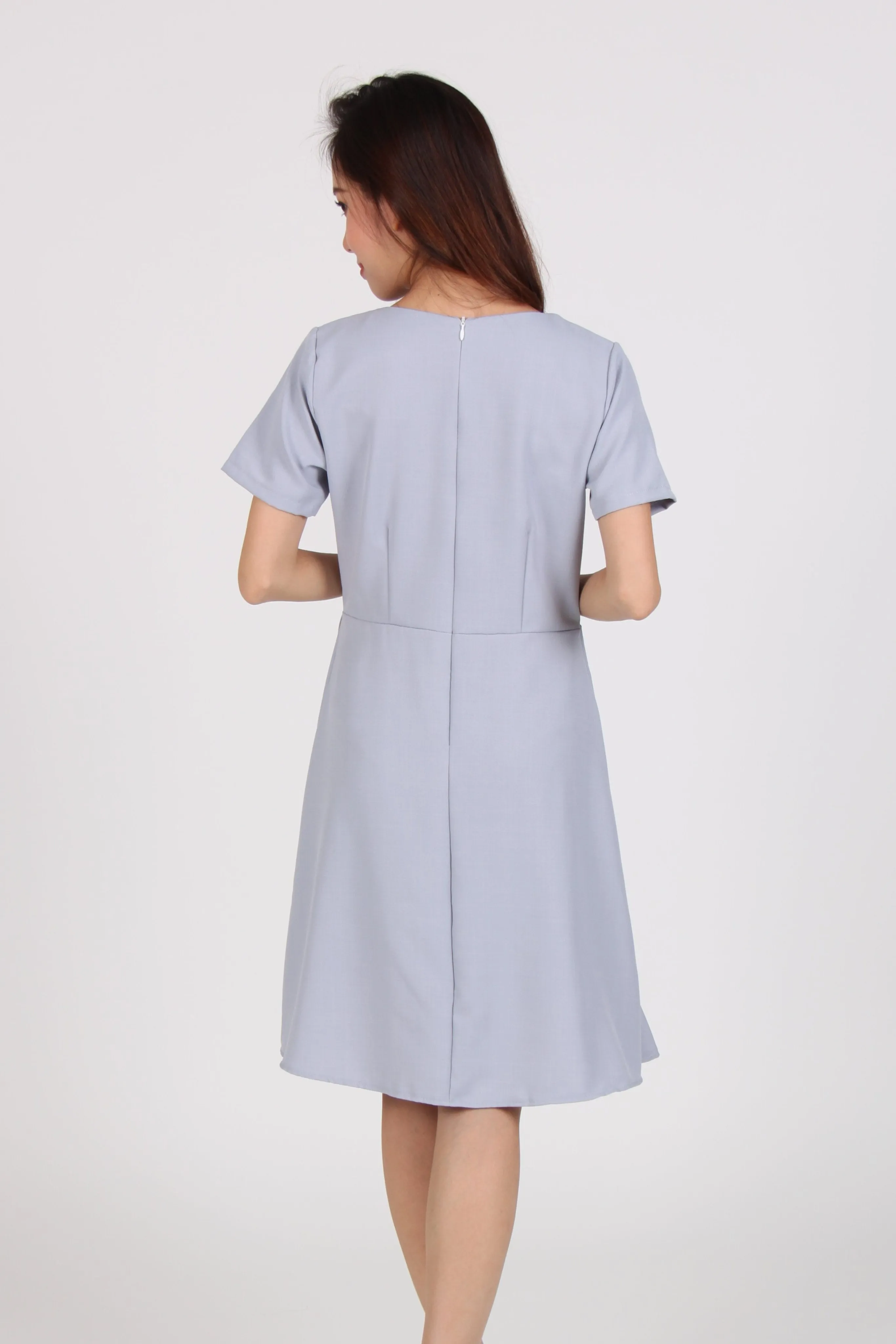 Sleeve Side Ruffles Skater Dress in Light Blue