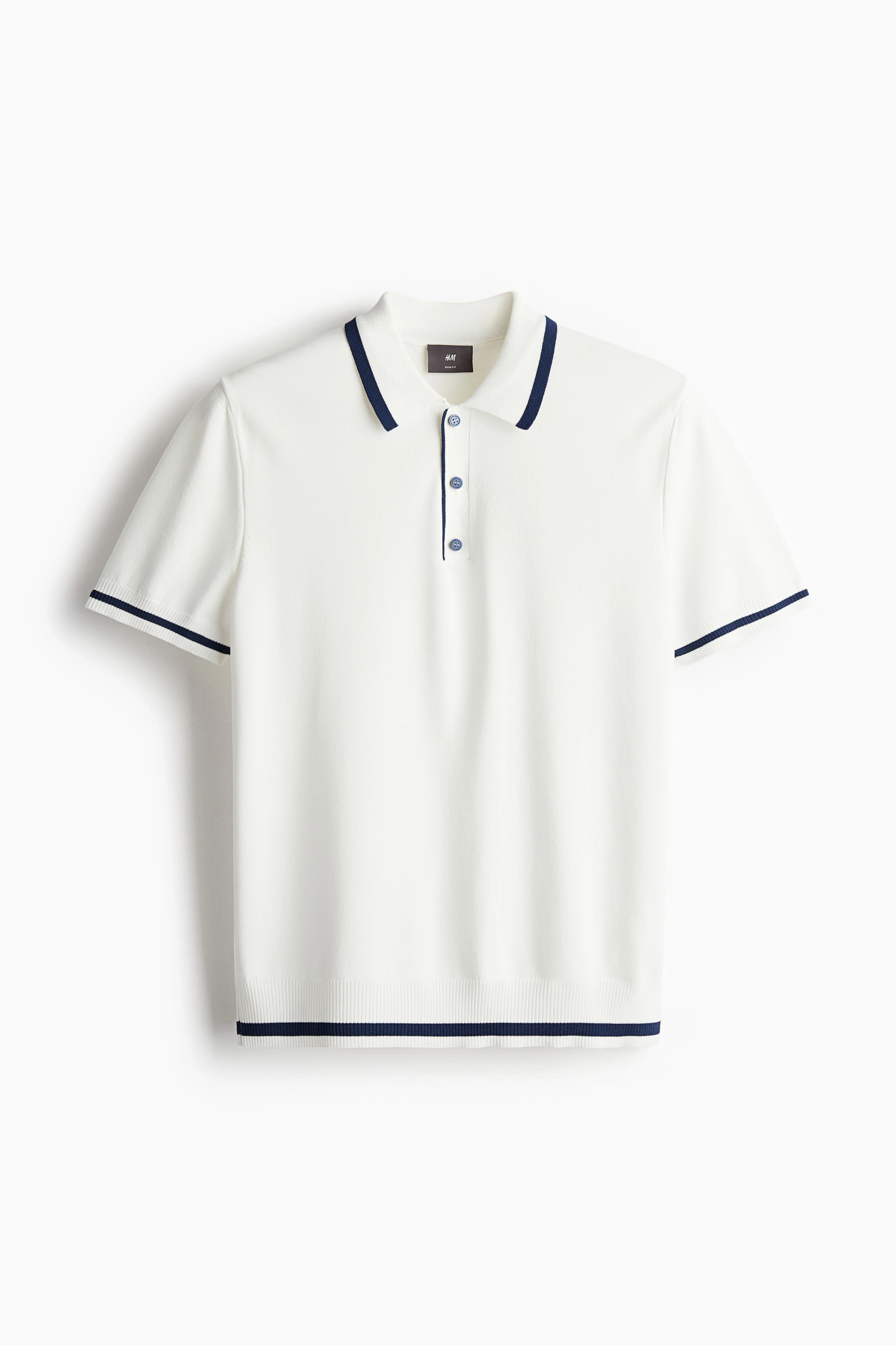 Slim Fit Fine-knit polo shirt - Short sleeve - Regular length - White/Navy blue - Men | H&M GB