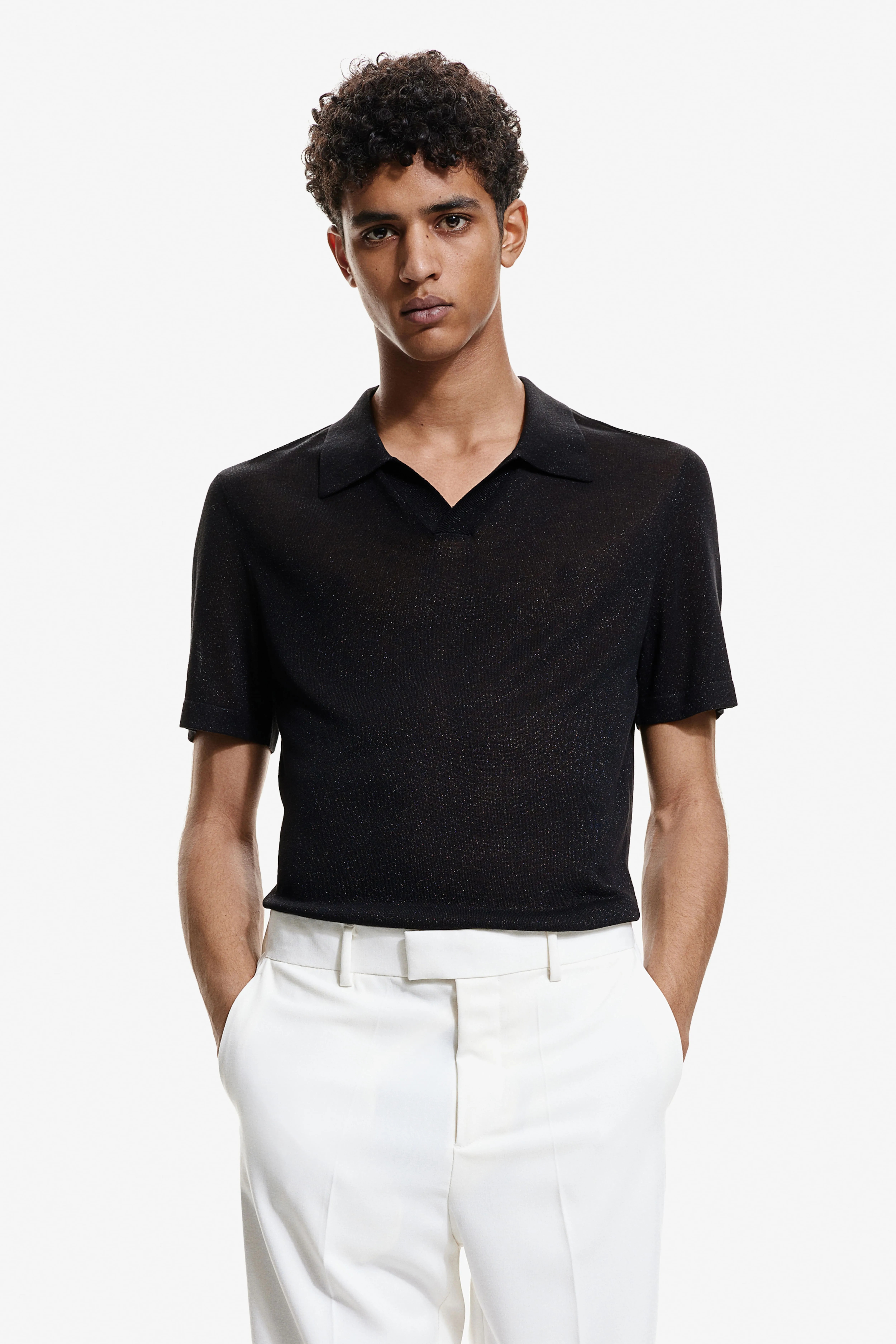 Slim Fit Glittery polo shirt - Short sleeve - Regular length - Black - Men | H&M GB