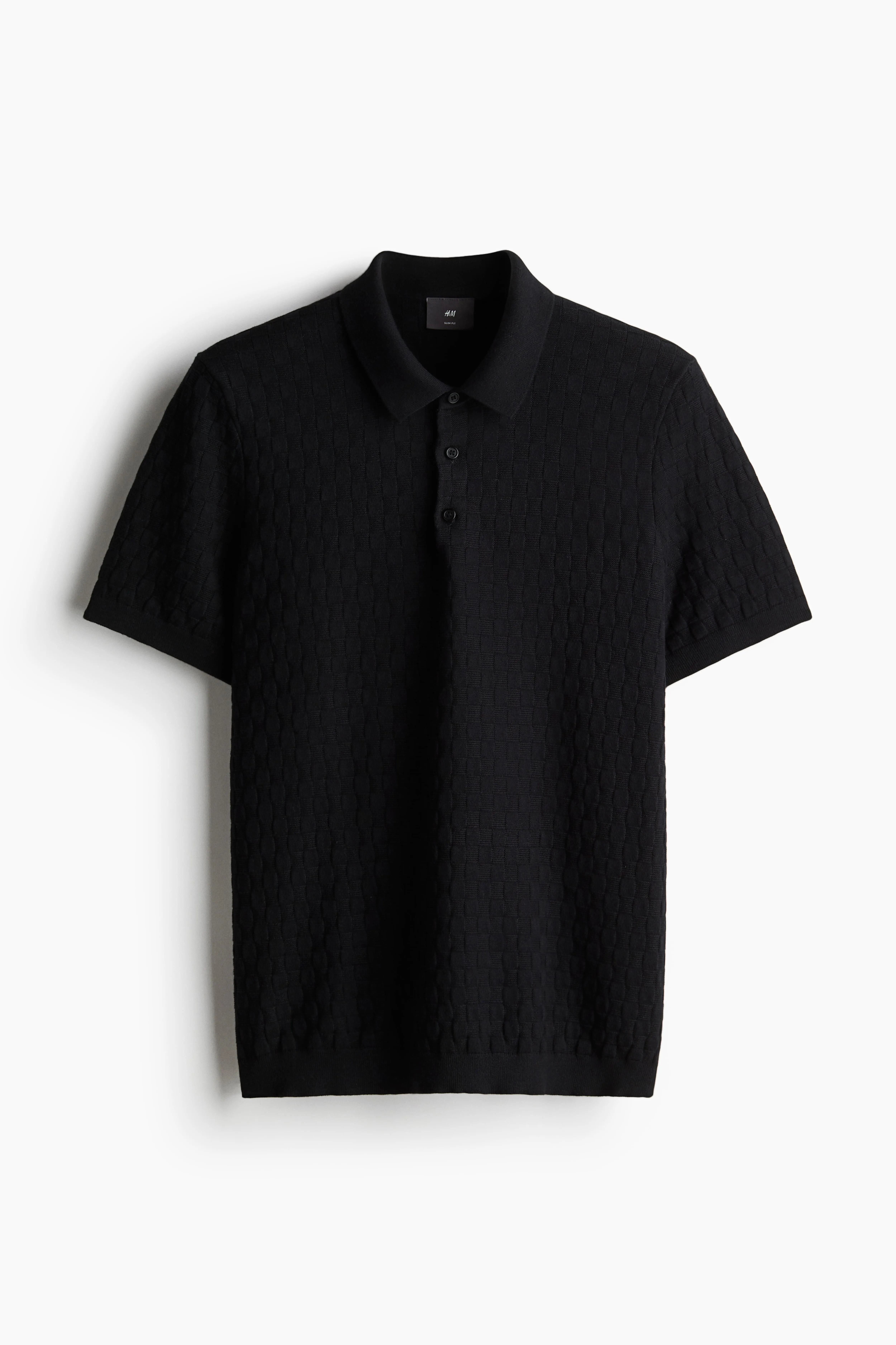 Slim Fit Textured-knit polo shirt - Short sleeve - Regular length - Black - Men | H&M GB