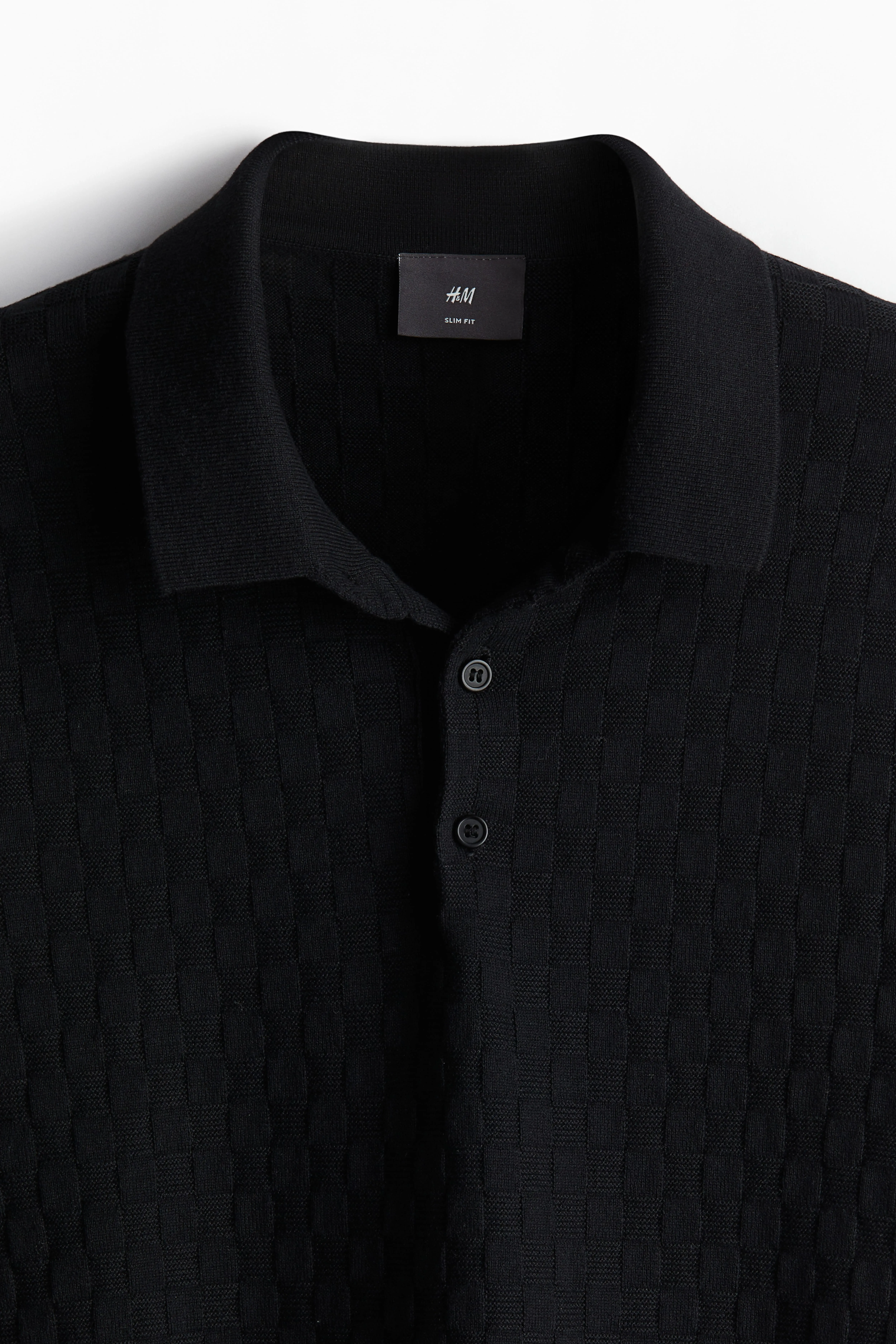 Slim Fit Textured-knit polo shirt - Short sleeve - Regular length - Black - Men | H&M GB