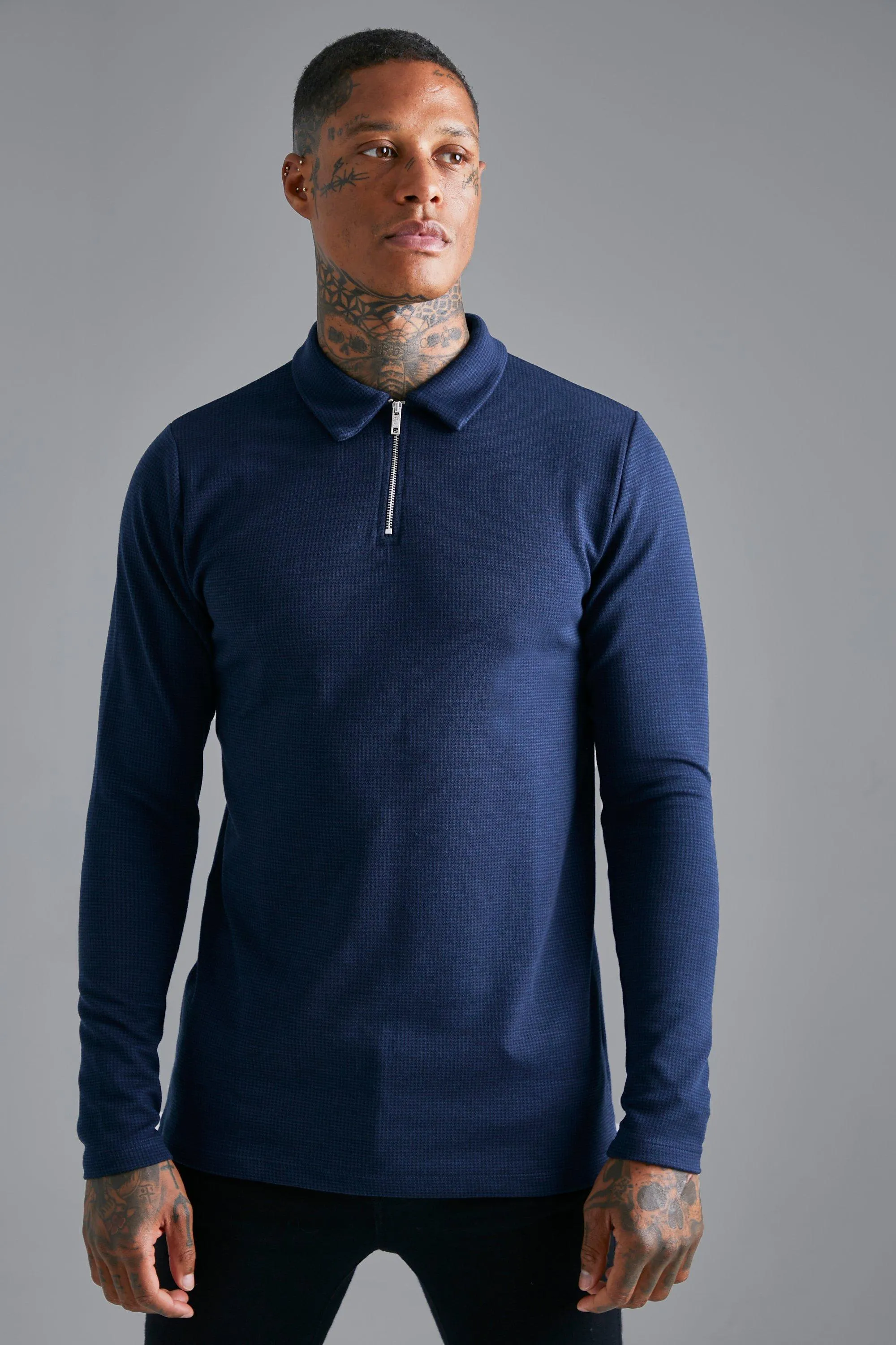 Slim Fit Zip Neck Long Sleeve Jacquard Polo