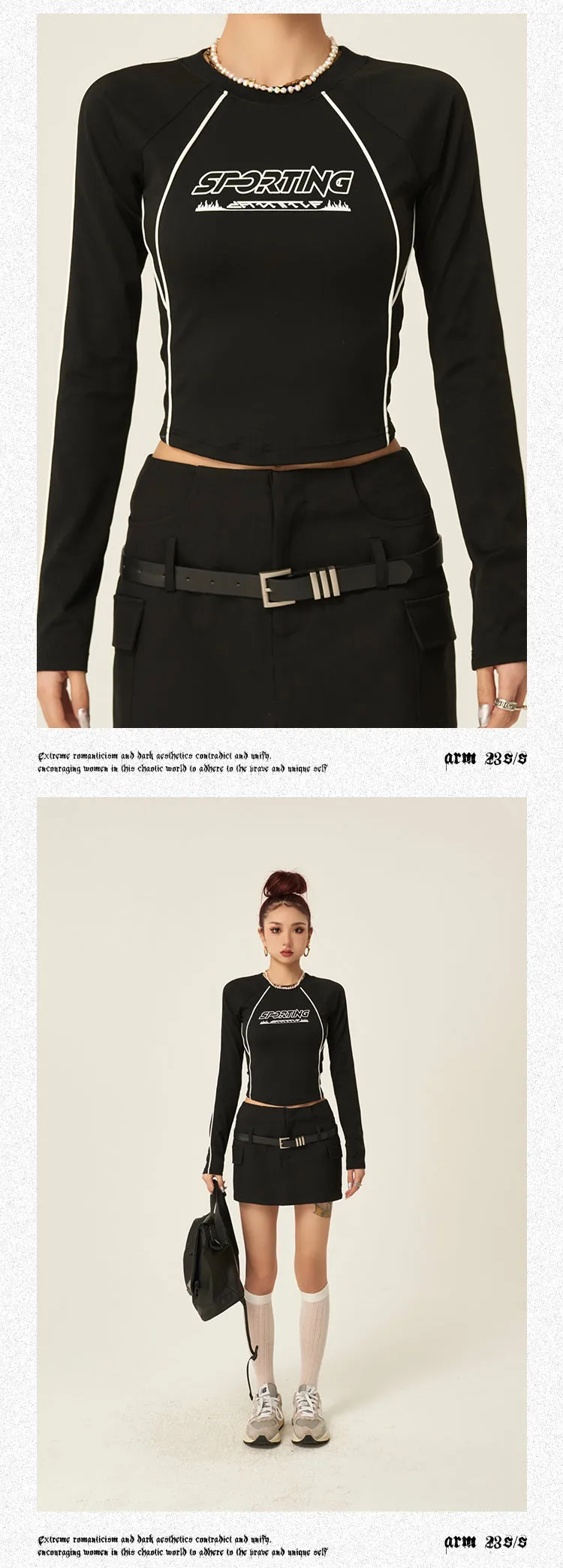 SPORTING Graphic Letter Print Patchwork Black Long Sleeve Slim Cropped Top