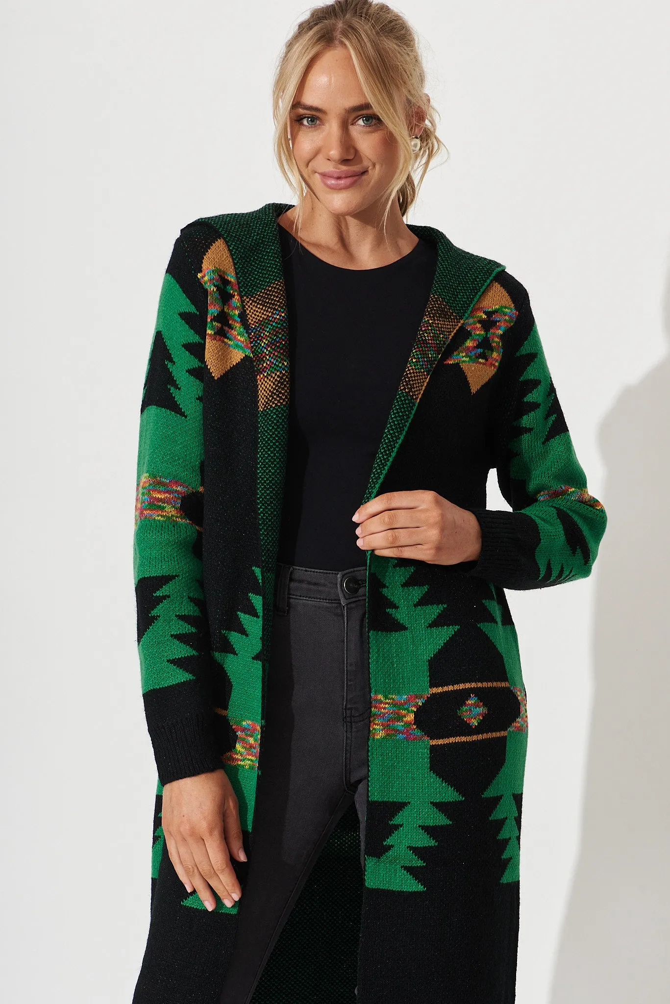 Steffi Boho Knit Cardigan In Green Multi Wool Blend