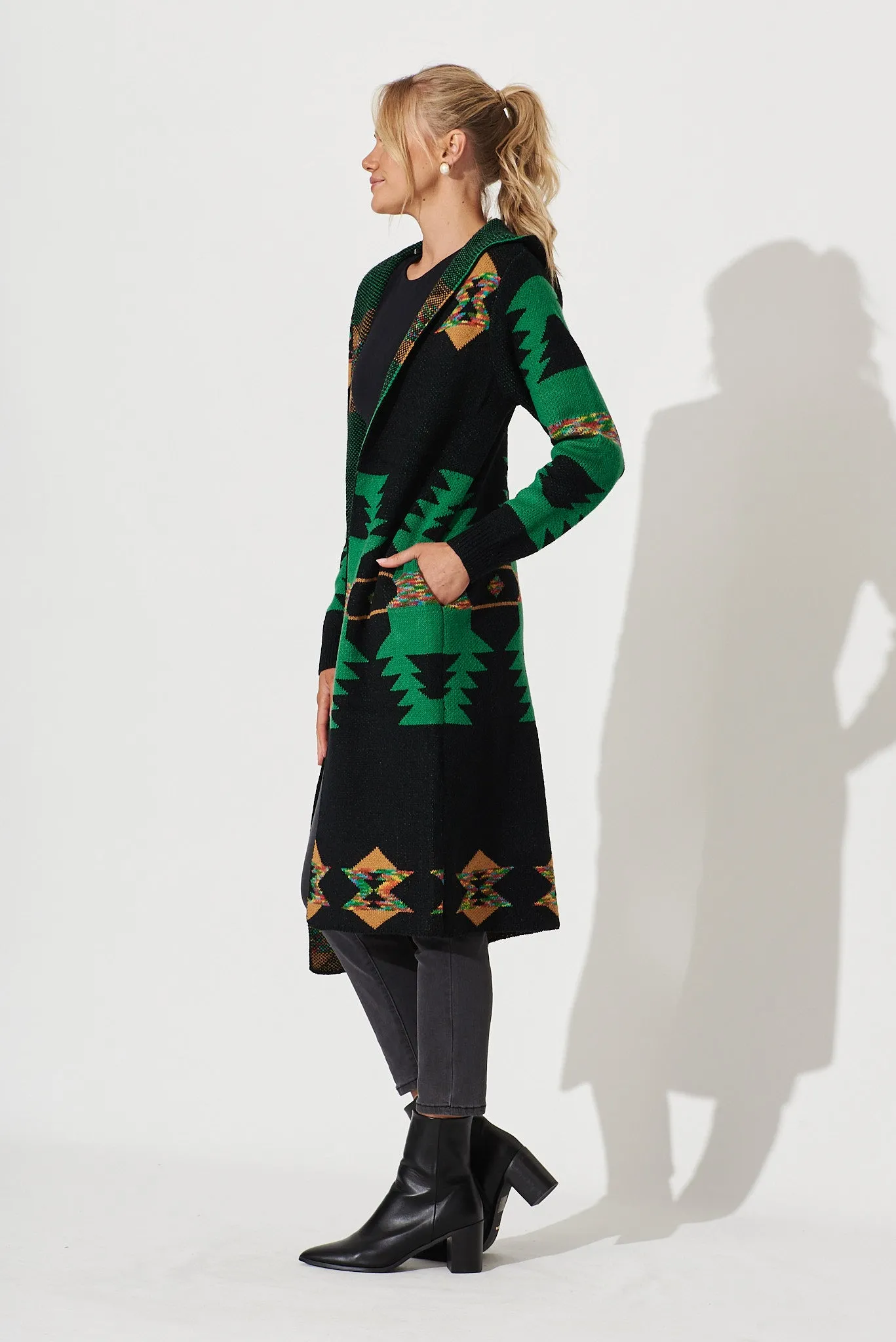 Steffi Boho Knit Cardigan In Green Multi Wool Blend