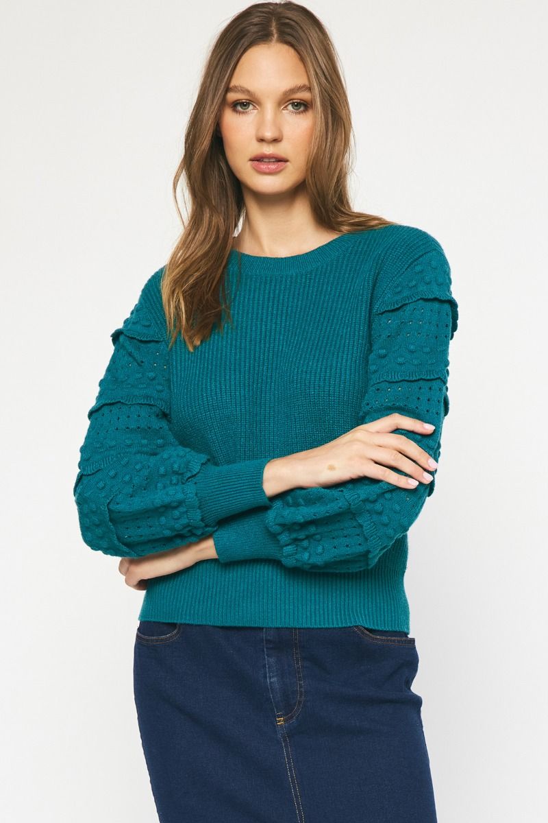 Textured Long Sleeve Sweater- Teal