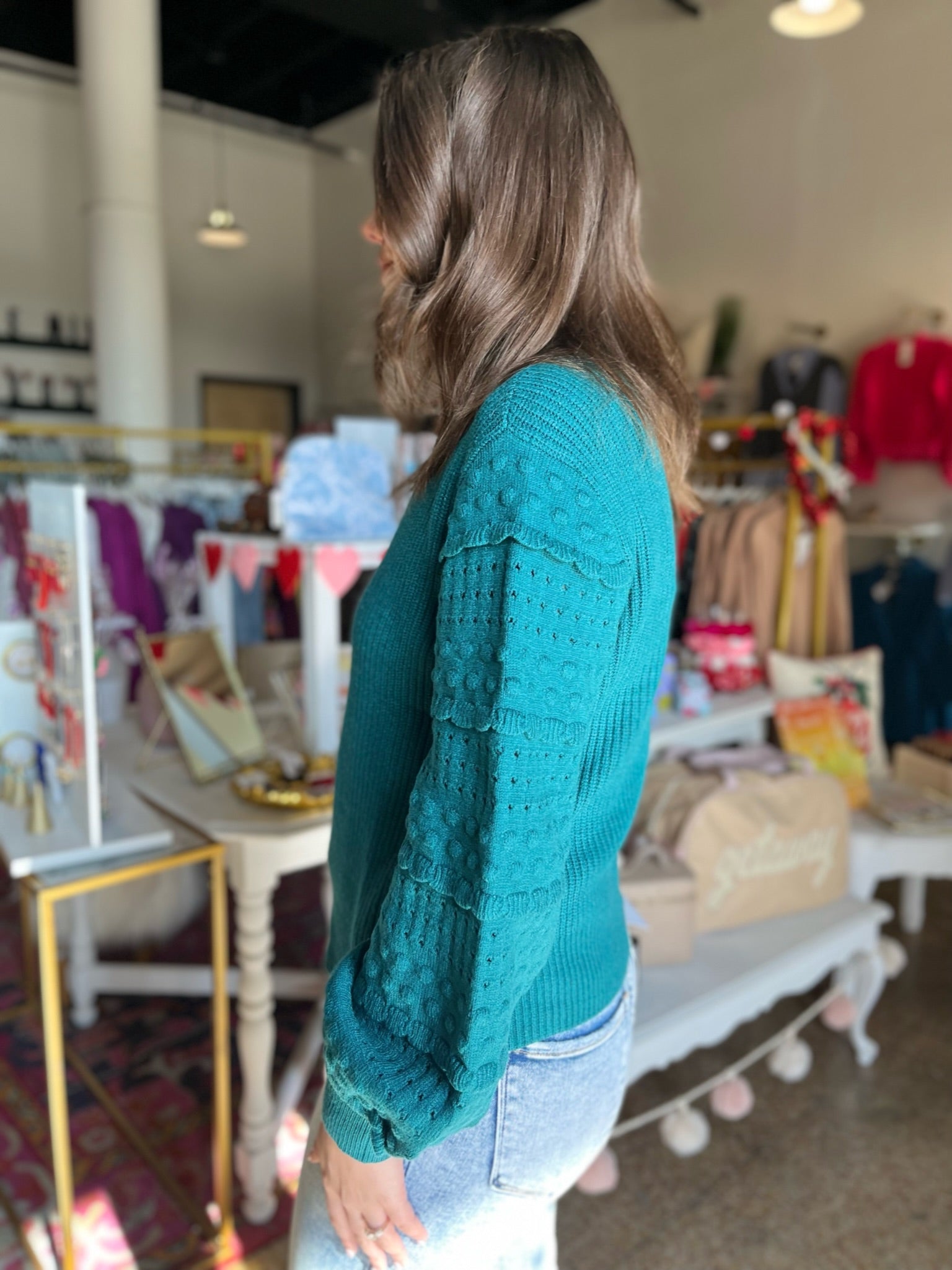 Textured Long Sleeve Sweater- Teal