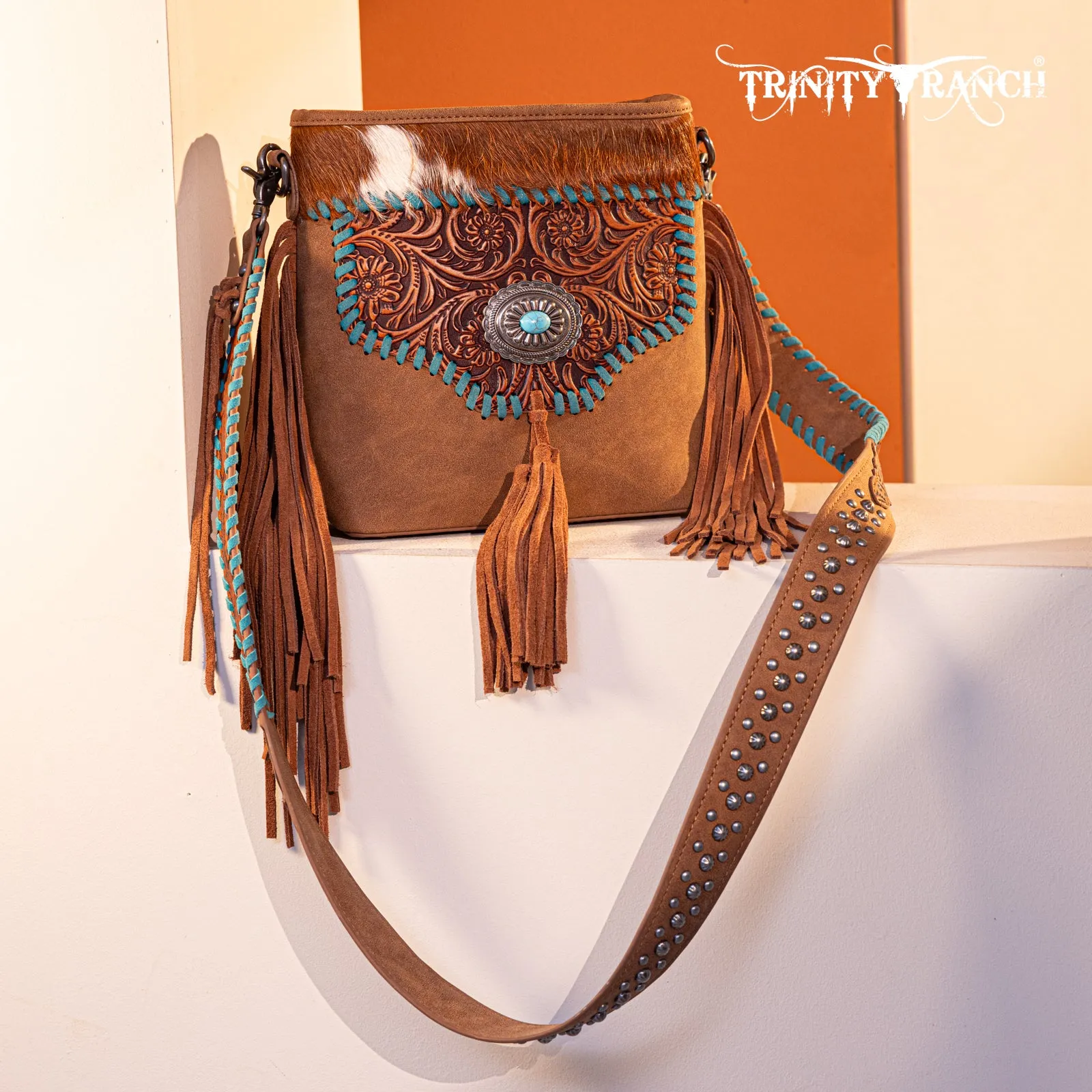 TR177G-9360  Trinity Ranch Hair-On Cowhide Floral Tooled  Concealed Carry Crossbody Bag - Brown